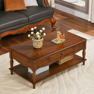 Rectangular Coffee Table with 2 Storage Drawers, Mid-century Solid Wood Living Room Table with Carved Leg, Elegant