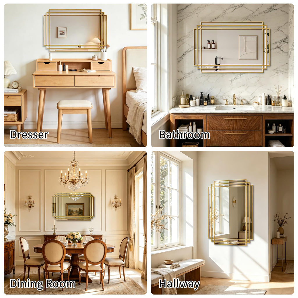 36"x24" Rectangle Beveled Wall Mirror with Gold Geometric Frame