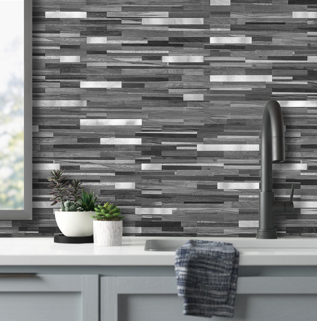 20 Sheets Peel and Stick Backsplash, Black & Grey Wood Look PVC Mixed Metal Stick on Backsplash Tiles