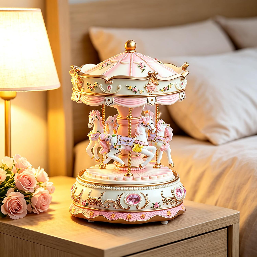 Pink Carousel Music Box with Rotating Horses and LED Light