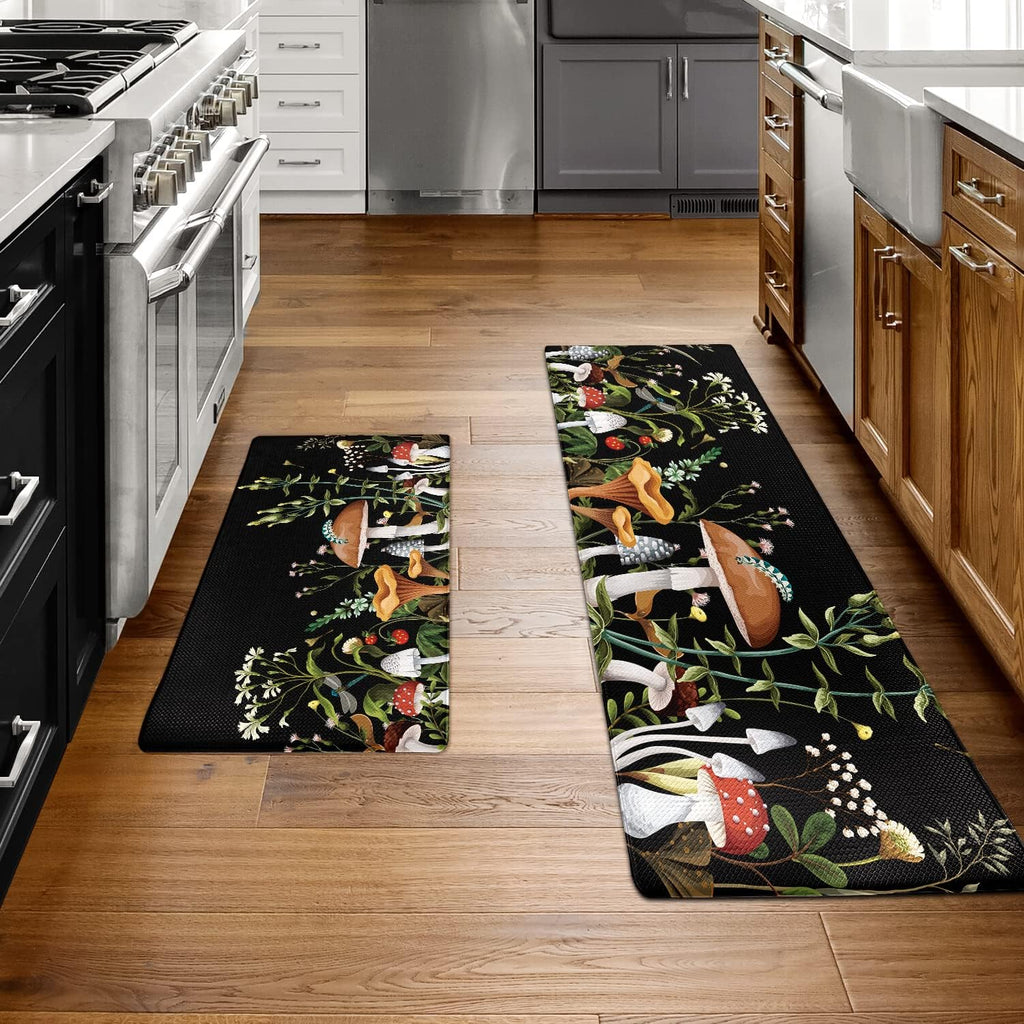 Mushroom Kitchen Rugs and Mats Green Mushroom Kitchen Decor Anti Fatigue Kitchen Floor Mat Set of 2 Non-Skid Washable