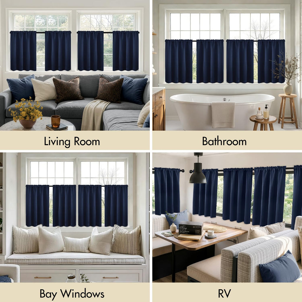 4 Panels Short 36 Inch Blackout Kitchen Window Curtain Navy Blue
