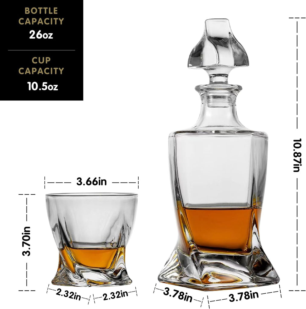 Whiskey Gifts for Men, Whiskey Decanter Set with 4 Glasses in Gift Box by | Elegant Twisted Design with Glass Stopper - Set of 5
