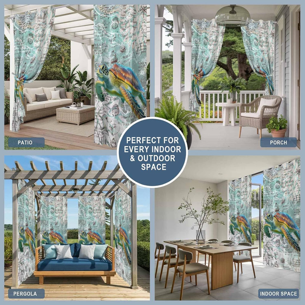 Ocean Waterproof Outdoor Curtains Clearance Retro Nautical Turtle Windproof Drapes with Weighted Hem & Tiebacks