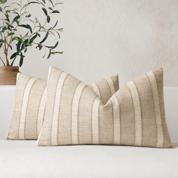 Striped Lumbar Throw Pillow Covers 12x20 Set of 2, Natural Linen