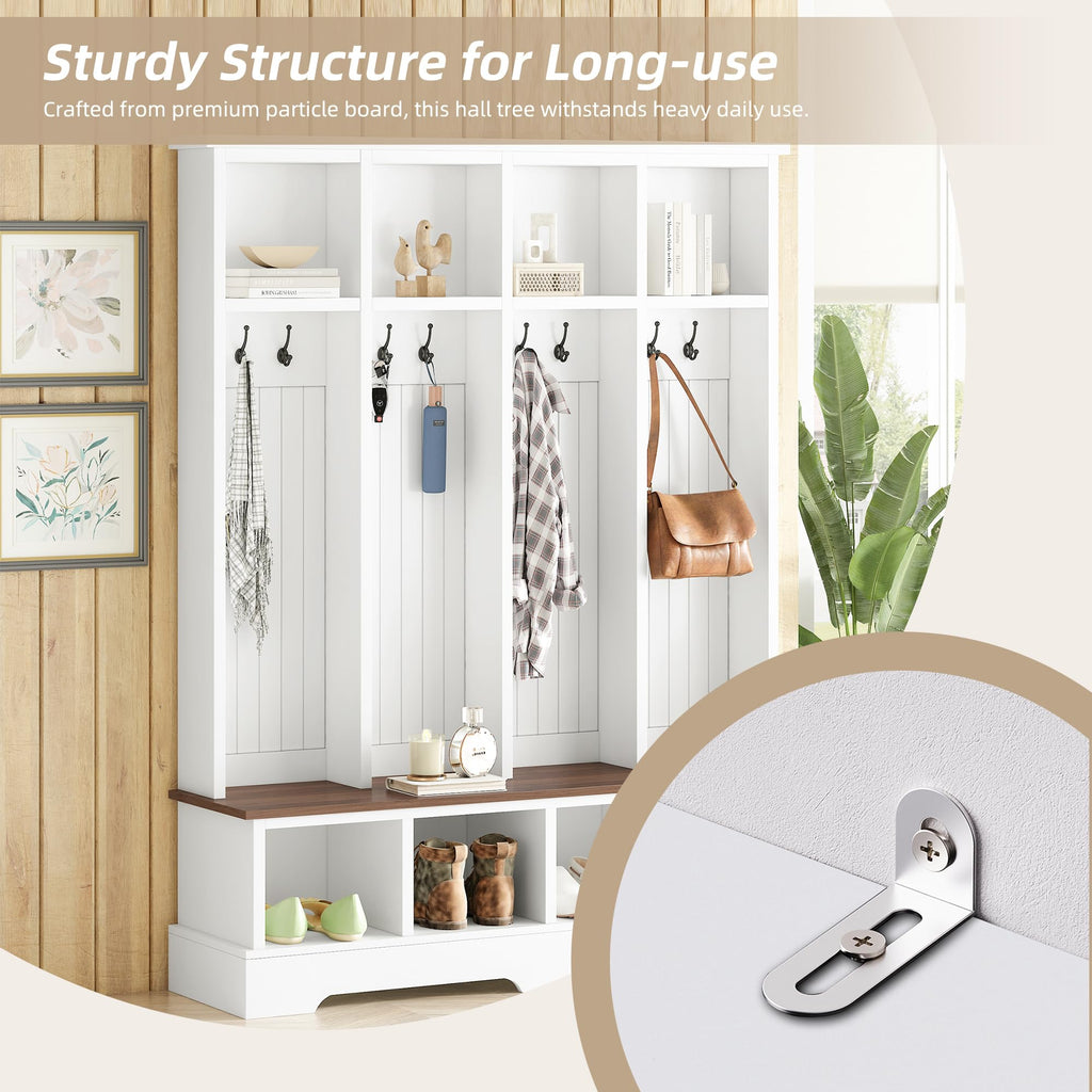 Farmhouse Hall Tree with Bench and Shoe Storage, 59" Entryway Bench with Coat Rack, 8 Hooks and Top Compartments