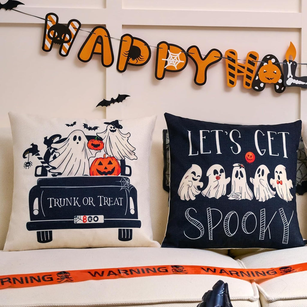 Ghost Halloween Decor-Throw Pillow Covers 20x20 in,Spooky Gothic Linen Pillow Case for Couch Fall Christmas - Set of 4