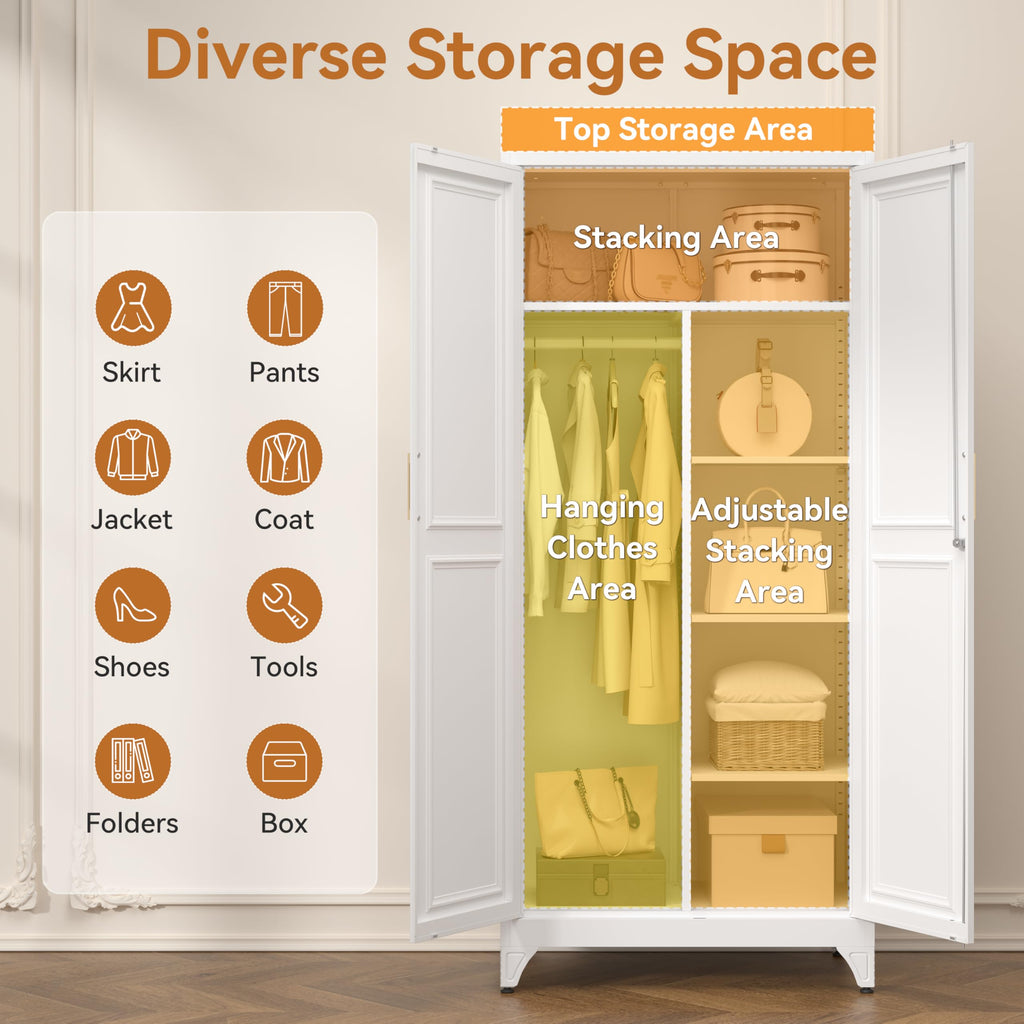 71" Tall Metal Armoire Wardrobe Closet with Doors and Lock
