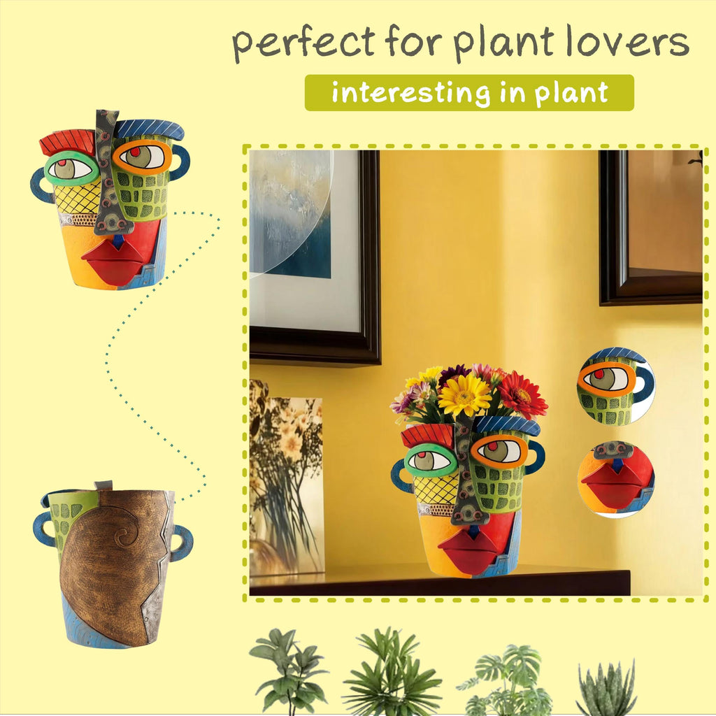 Picasso Abstract Face Flower Pot, Unique Resin Crafted Planter with Drainage Holes, Interesting Colorful Planter with