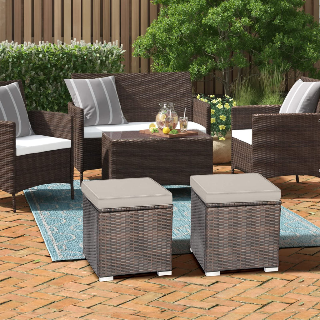 Wicker Outdoor Storage Ottoman, 2-Piece Rattan Footstool w/Removable Cushion, Multipurpose Footrest Stool Side Table