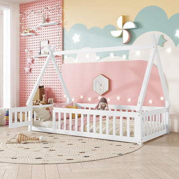 Floor Bed for Kids Tent-Shaped Montessori Floor Bed with Slats and Guardrails Wood Teepee Bed Frame
