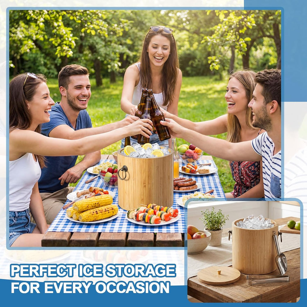 3L Bamboo Ice Bucket with Stainless Steel Interior, Insulated Ice Bucket with Lid & Handles, Includes Scoop & Tongs
