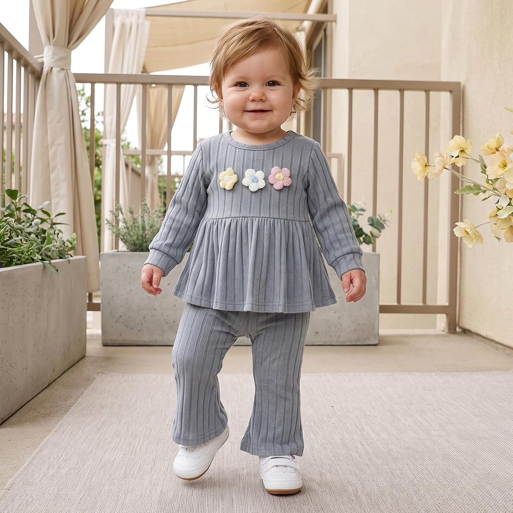 Toddler Baby Girl Clothes Flower Plush Long Sleeve Shirt Flare Pants Set