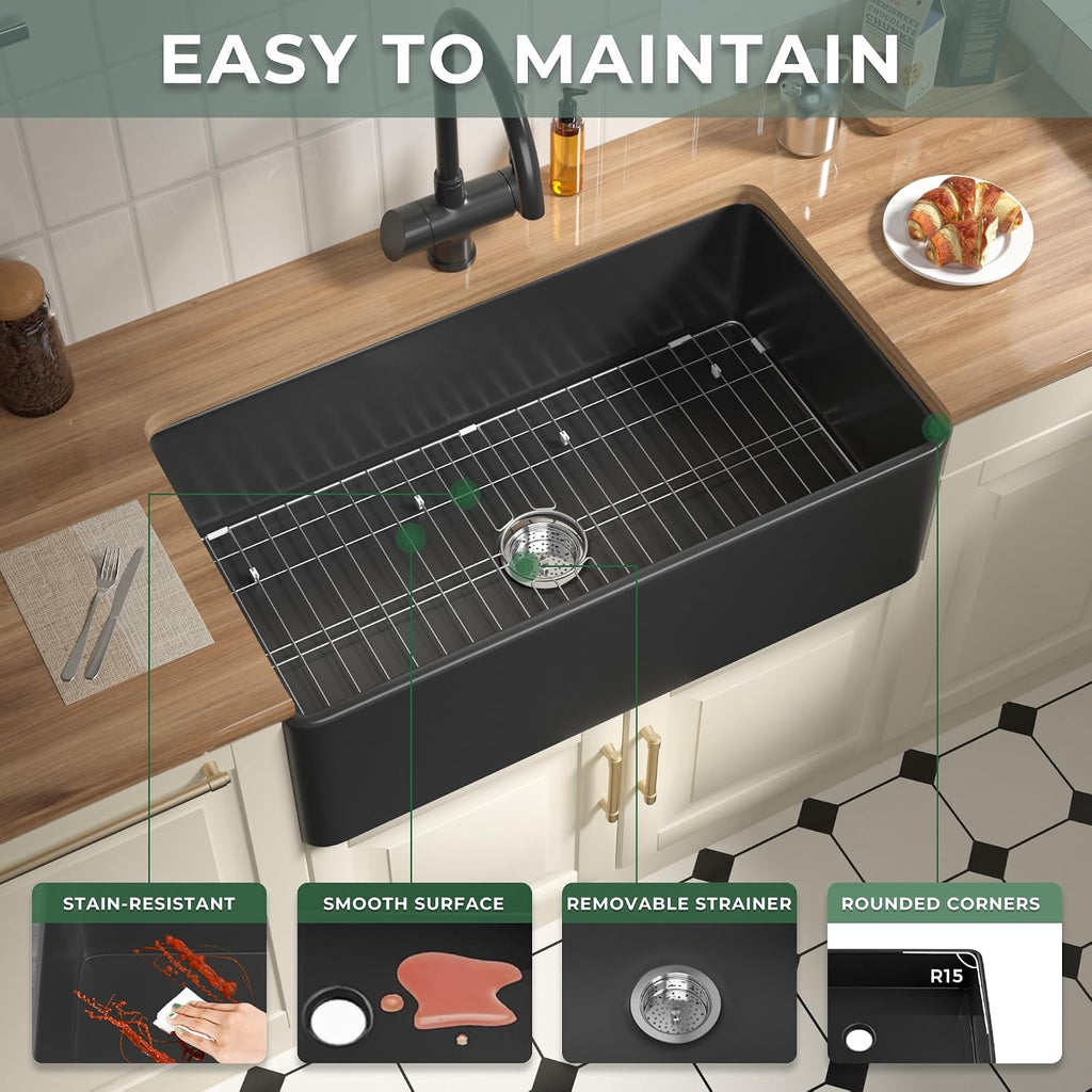 Matte Black Farmhouse Sink 33 Inch Fireclay Apron Front Kitchen Sink | 33"Wx18"Dx10"H Farm Sink Heavy Duty Fireclay