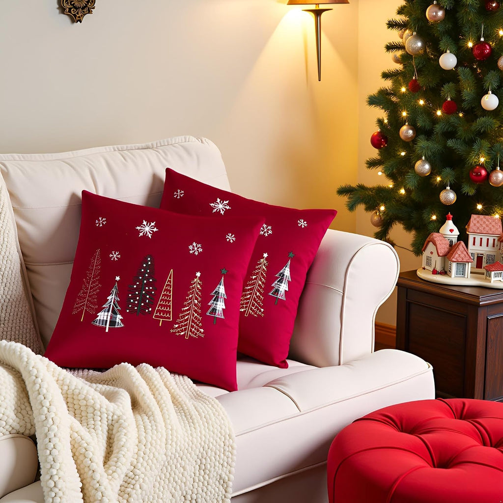 Christmas Throw Pillow Covers 16x16 inch Red Xmas Tree - Set of 2