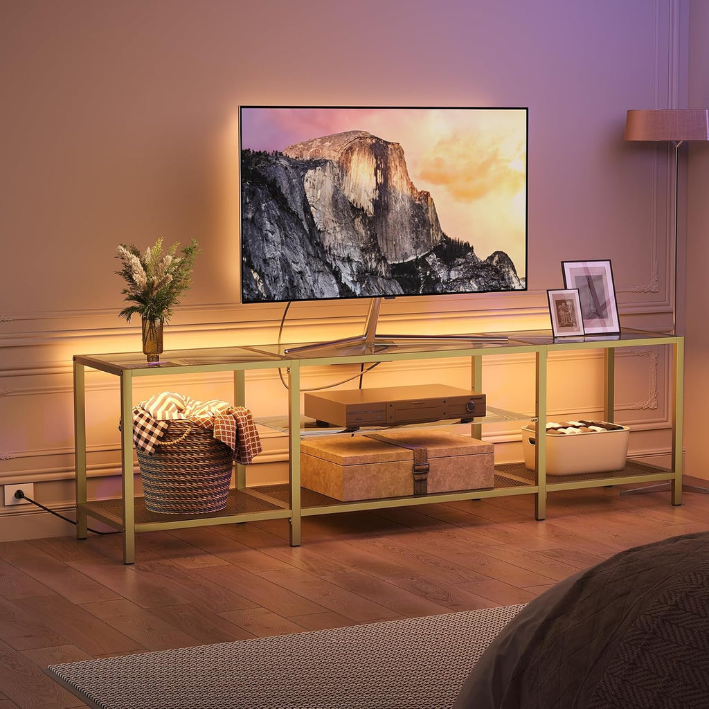 TV Stand with LED Lights and Power Outlets for TVs up to 75", Modern 70.9 Inch Tempered Glass TV Console Table with