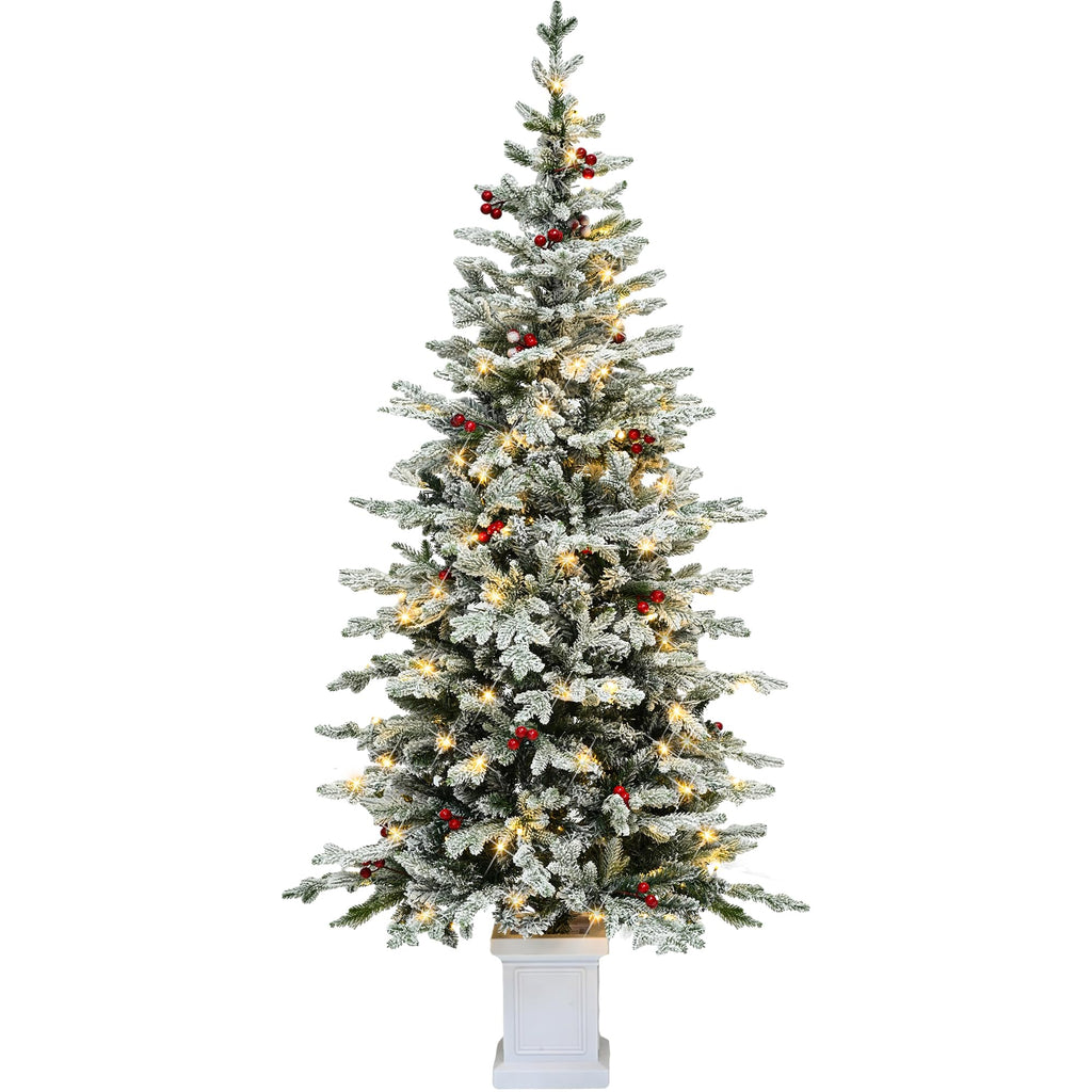 6FT Prelit Potted Flocked Pencil Christmas Tree w/Red Berries