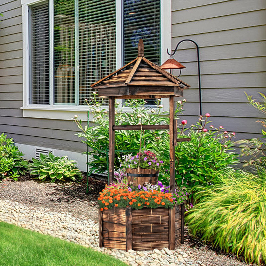 Rustic Wooden Wishing Well Planter with Hanging Bucket, Roof Shadow, Reinforced Rod, Wishing Wells for Outdoors
