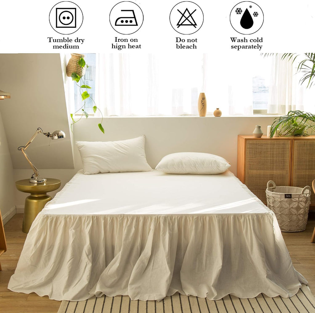 French Linen Bed Skirt with Pleated Frills 22-Inch Tailored Drop Natural Flax Cotton Blend Dust Ruffle Soft Cozy