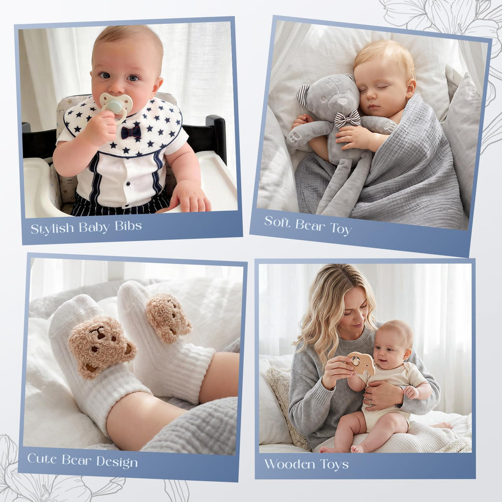 Baby Shower Gifts for Boys, 9PCS Baby Boy Gifts Baskets with Plush Bear/Blanket/Onesie/Wooden Rattle, Newborn