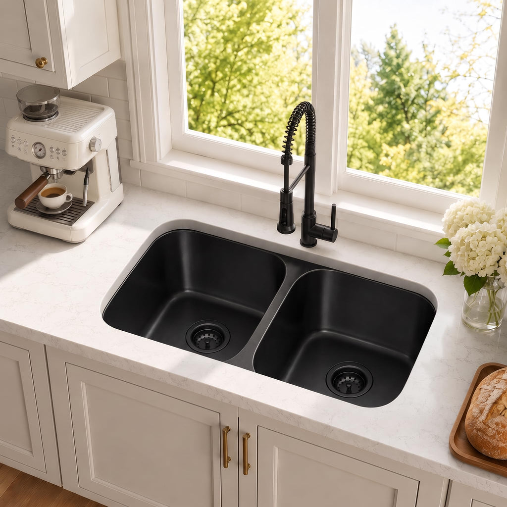 32 Inch Black Kitchen Sink, Double Bowl Kitchen Sink, Undermount Kitchen Sink Stainless Steel, Black Oval Kitchen