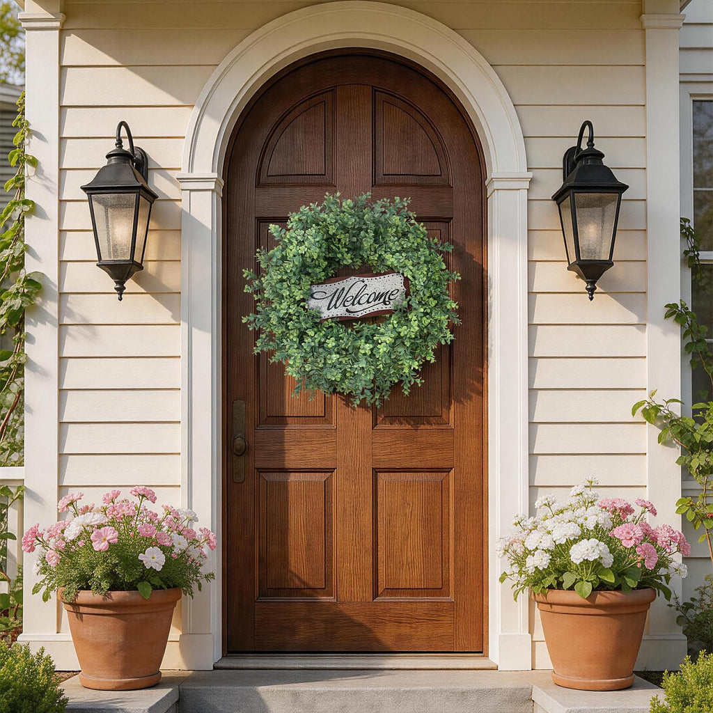 26" Artificial Boxwood Wreath with Welcome Sign for Front Door Decor(Green)