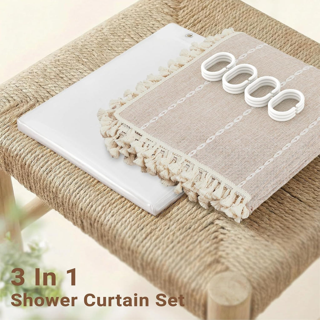 3 in 1 Tan Boho Linen Striped Shower Curtain with Liner, Taupe, 72x72 | Waterproof Clear PEVA Liner, 330GSM Heavy