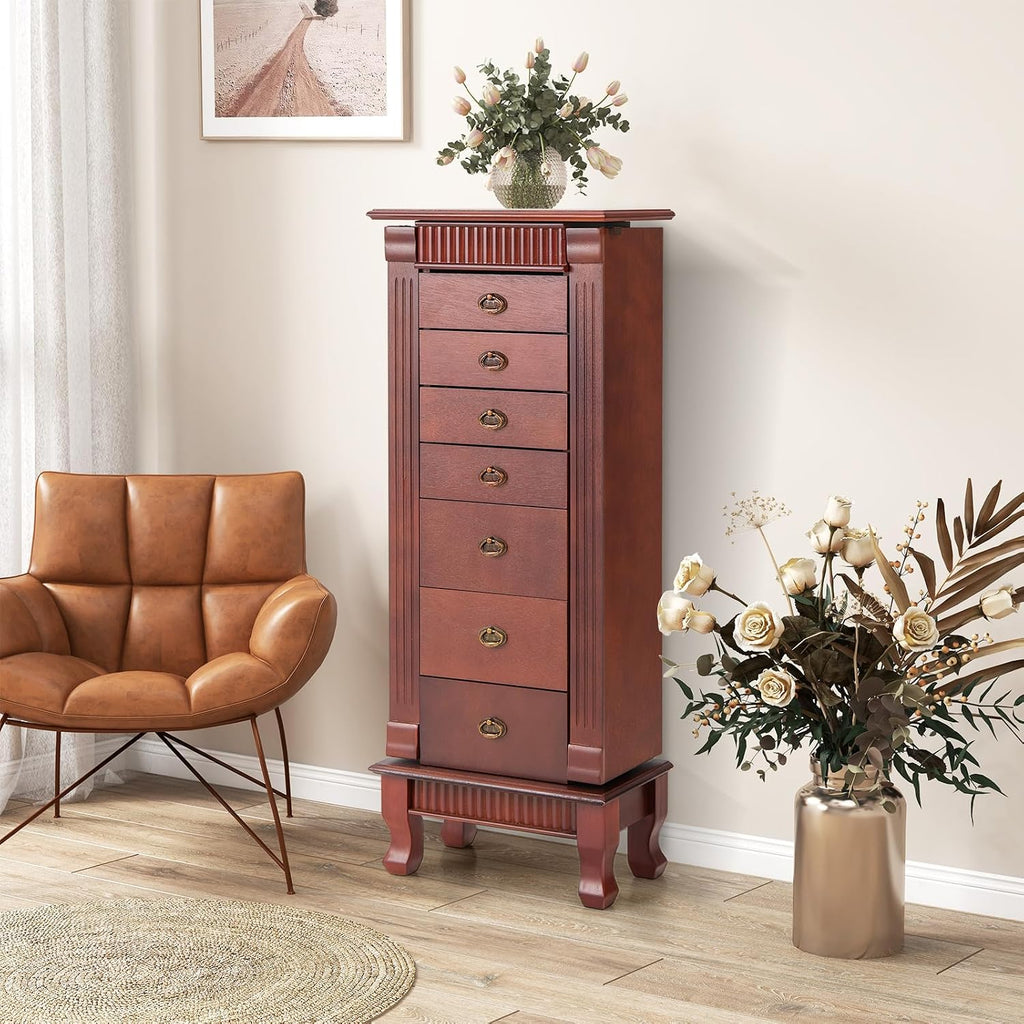 Jewelry Armoire, Wooden Jewelry Chest Storage Cabinet w/7 Drawers & 2 Swing Doors, 12 Necklace Hooks, Makeup Mirror &