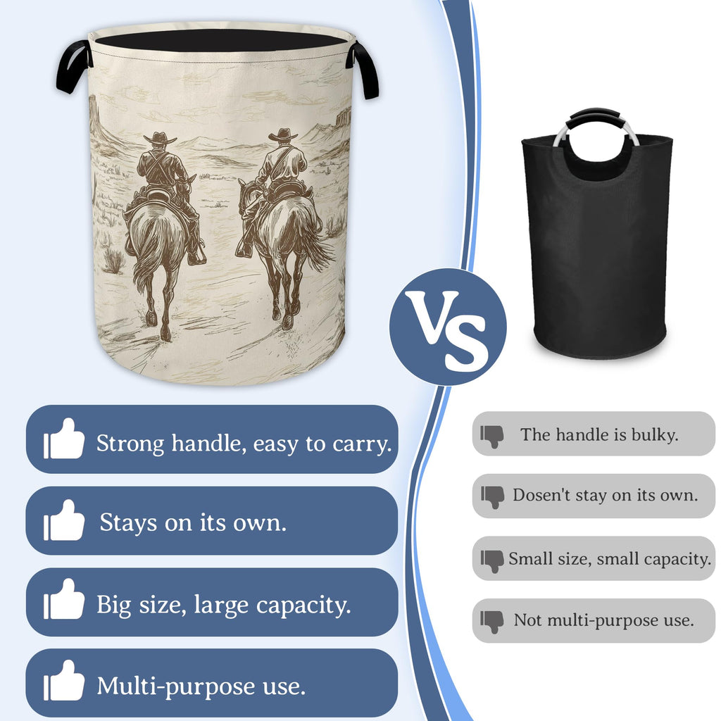 Western Cowboy Laundry Hamper With Handle,Foldable Oxford Cloth Horse Desert Laundry Basket,20.8"x16" Clothes Storage