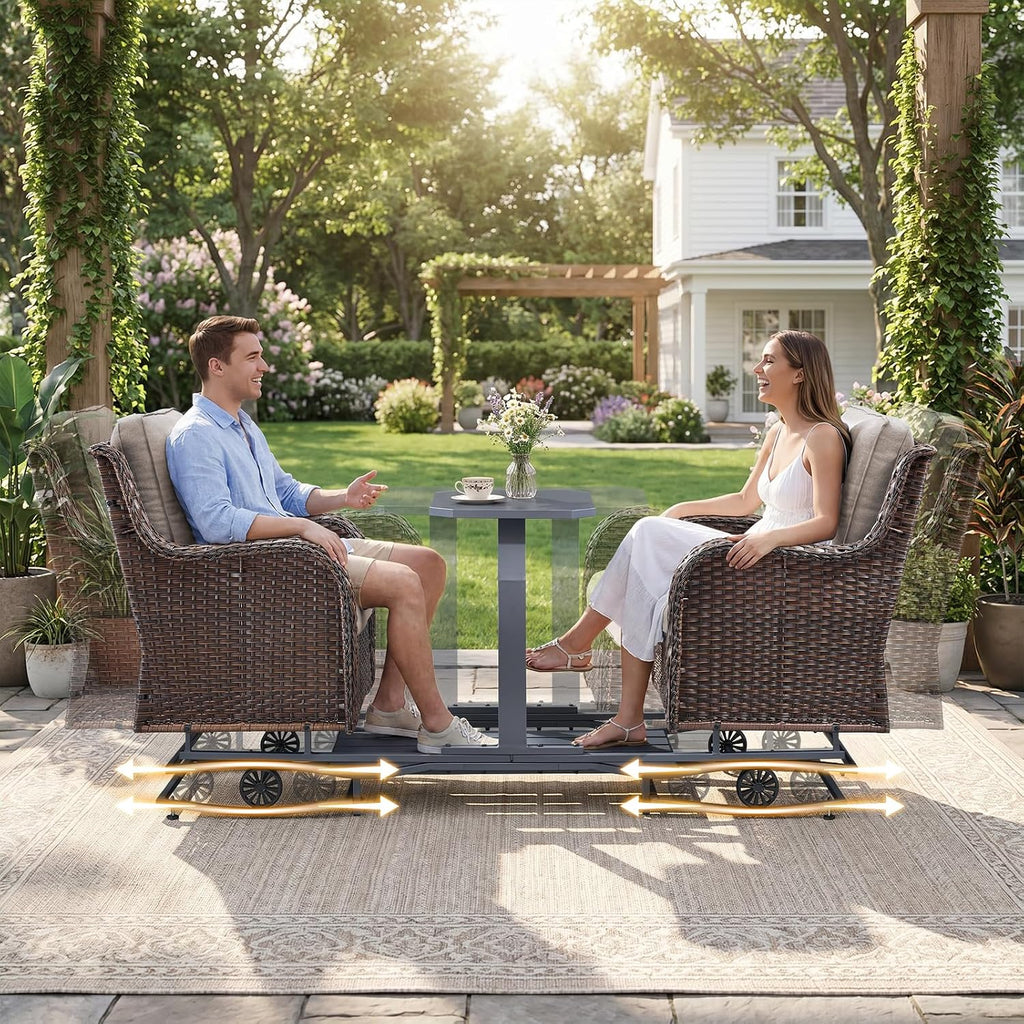 Luxury Outdoor Wicker Glider Rocker Chairs for 2 Seats, Patio Wicker Rattan Glider Rocker Chairs with Table, Rocker