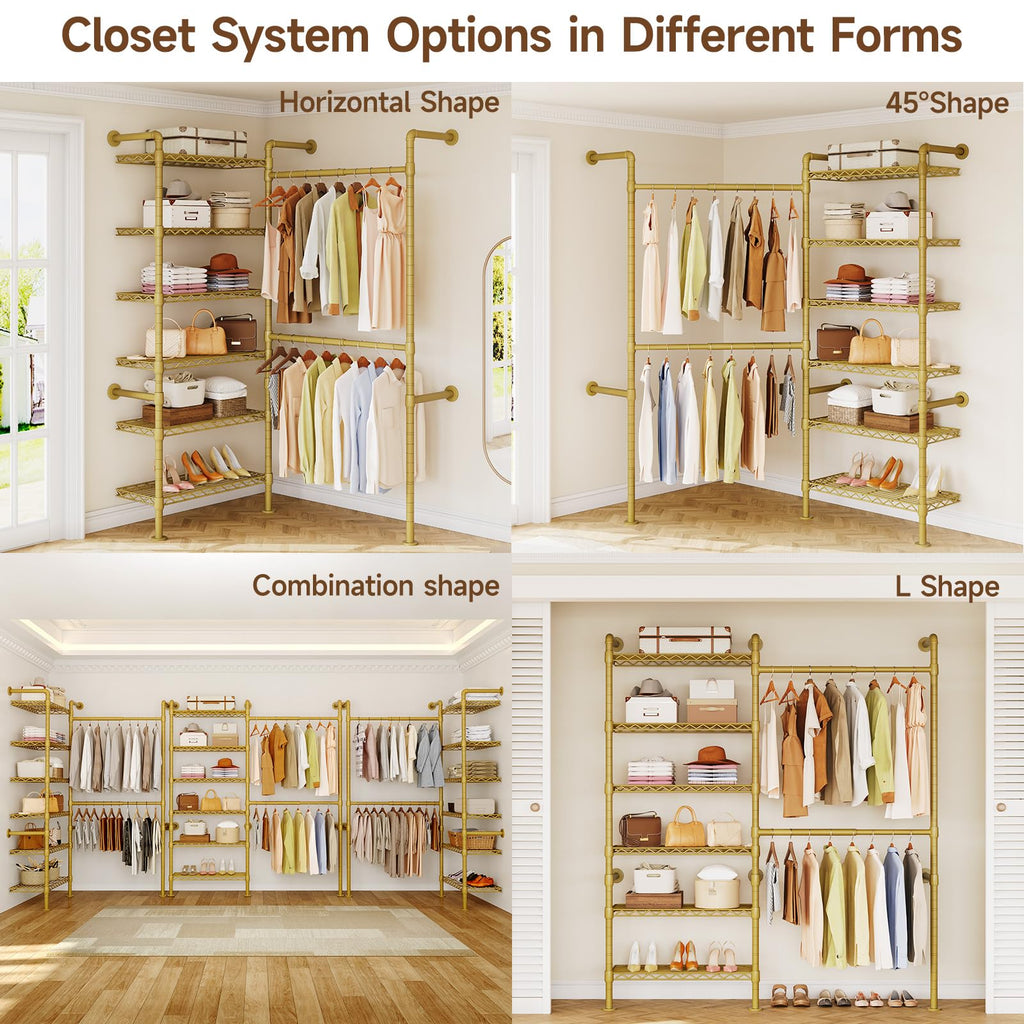 H2 Wall Mounted Clothes Rack, Expandable Metal Closet System(Gold)