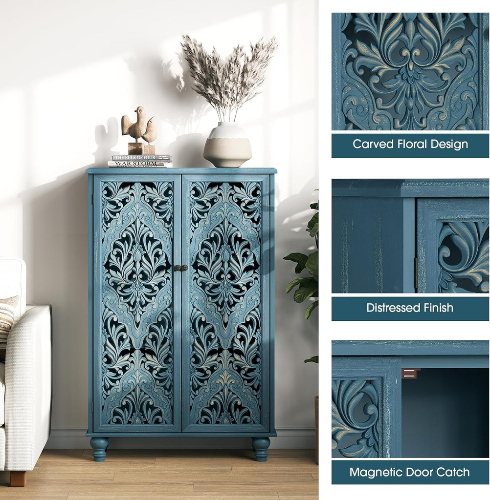 Buffet Sideboard Cabinet with Hand-Carved Doors, 47" Tall Accent Cabinet , Vintage Wood Storage Cabinet with Shelves