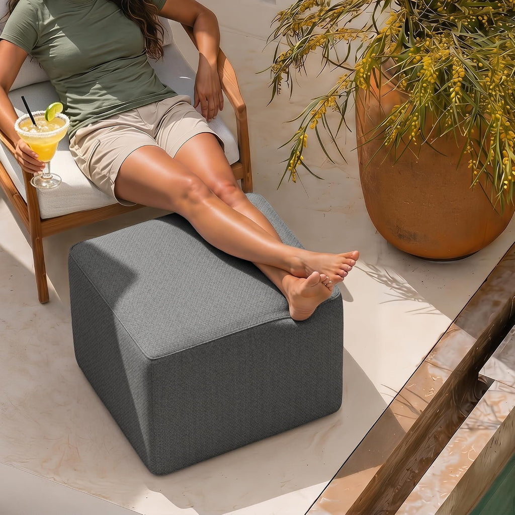 Square Outdoor Ottoman Pouf, 24" Waterproof Patio Foot Rest, Dark Gray | Ottoman Foot Rest, Comfy Footstool, Boneless