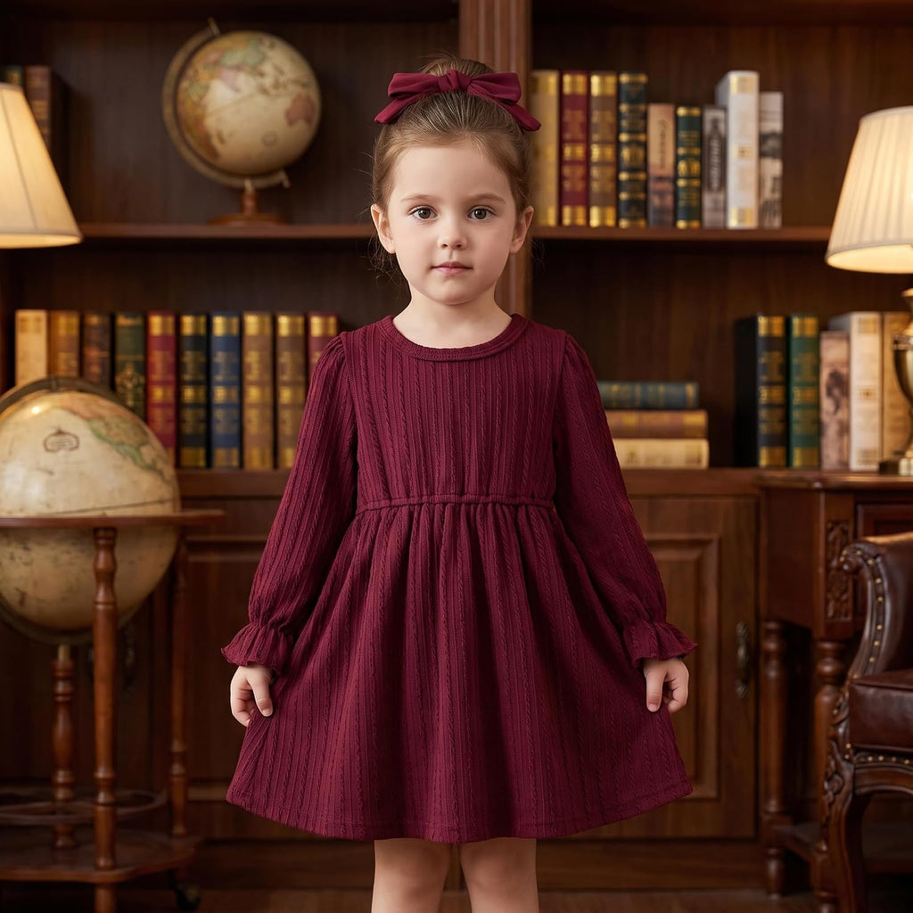 Toddler Baby Girl Dress Puff Long Sleeve Knit Sweater Fall Winter Ribbed Ruffle Casual Solid Dress with Pockets