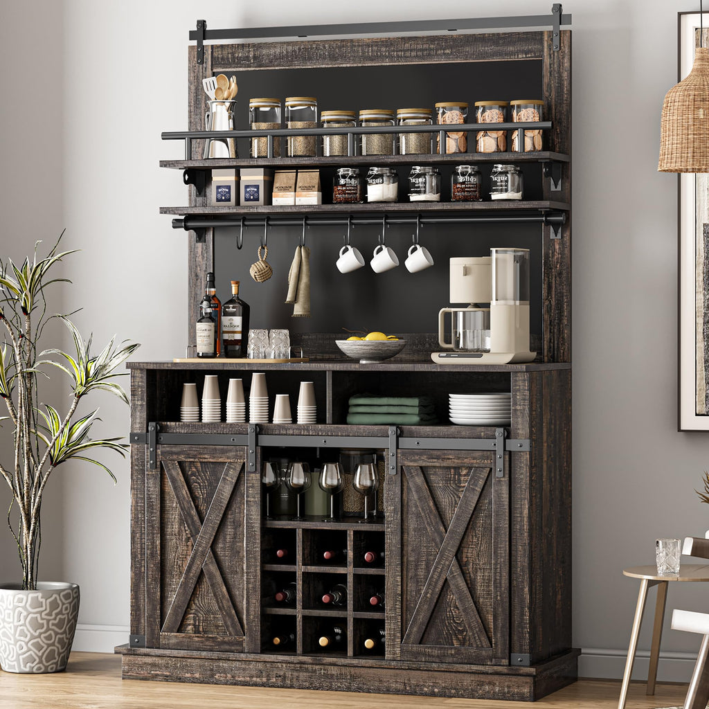 Bar Cabinet 75 in Tall Coffee Hutch Large Kitchens Hutch Farmhouse Coffee Bar Cabinet Cupboard with Sliding Barn Door