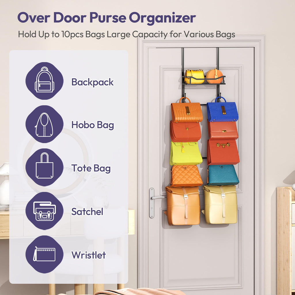 Over The Door Purse Organizer - Wall Mounted Purse Rack with 10 Hooks and Metal Basket, Handbag Hanger Organizer
