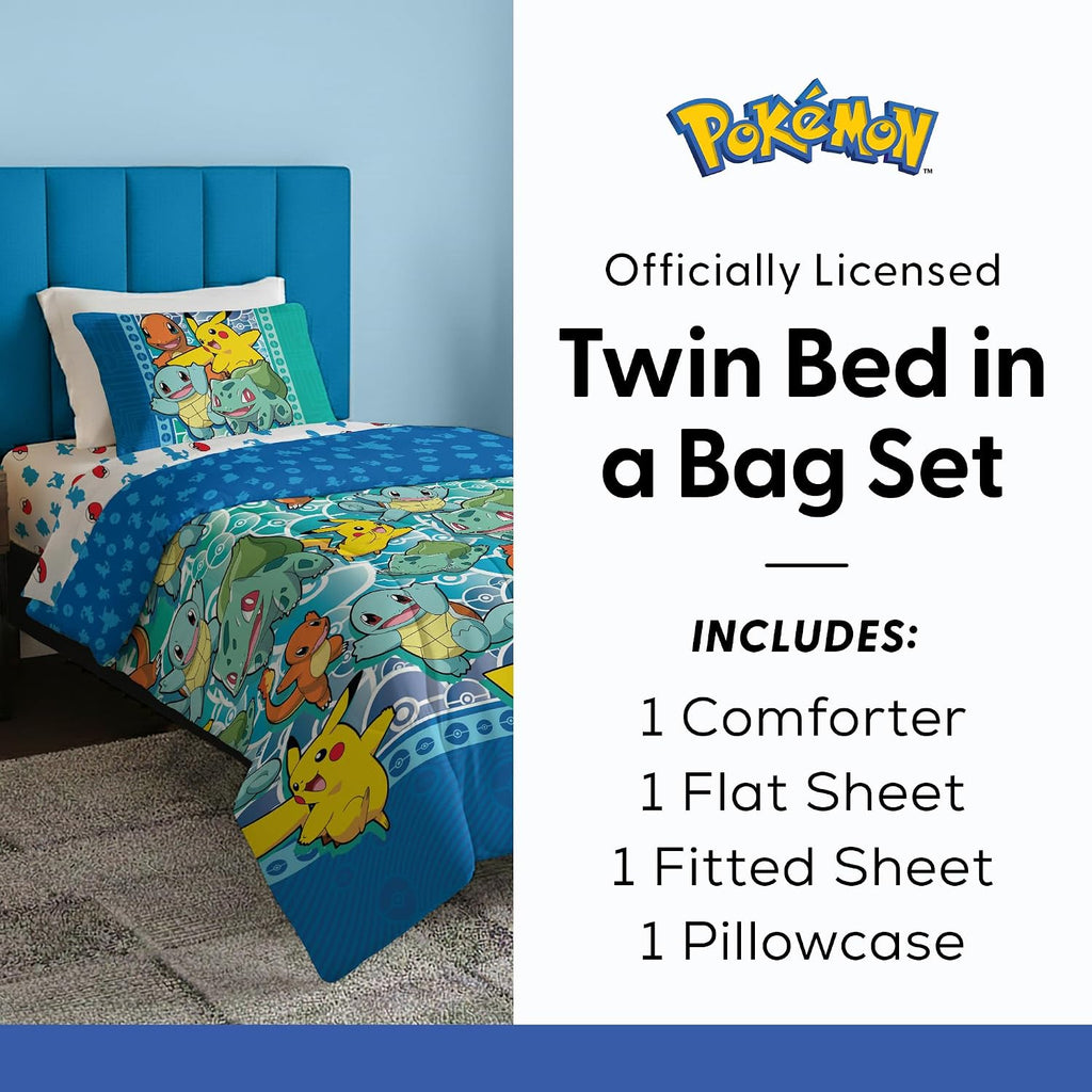 Twin Bed in a Bag Set, Pikachu Charmander Squirtle Bulbasaur, Kids Boys Girls Bedding Comforter Sheets
