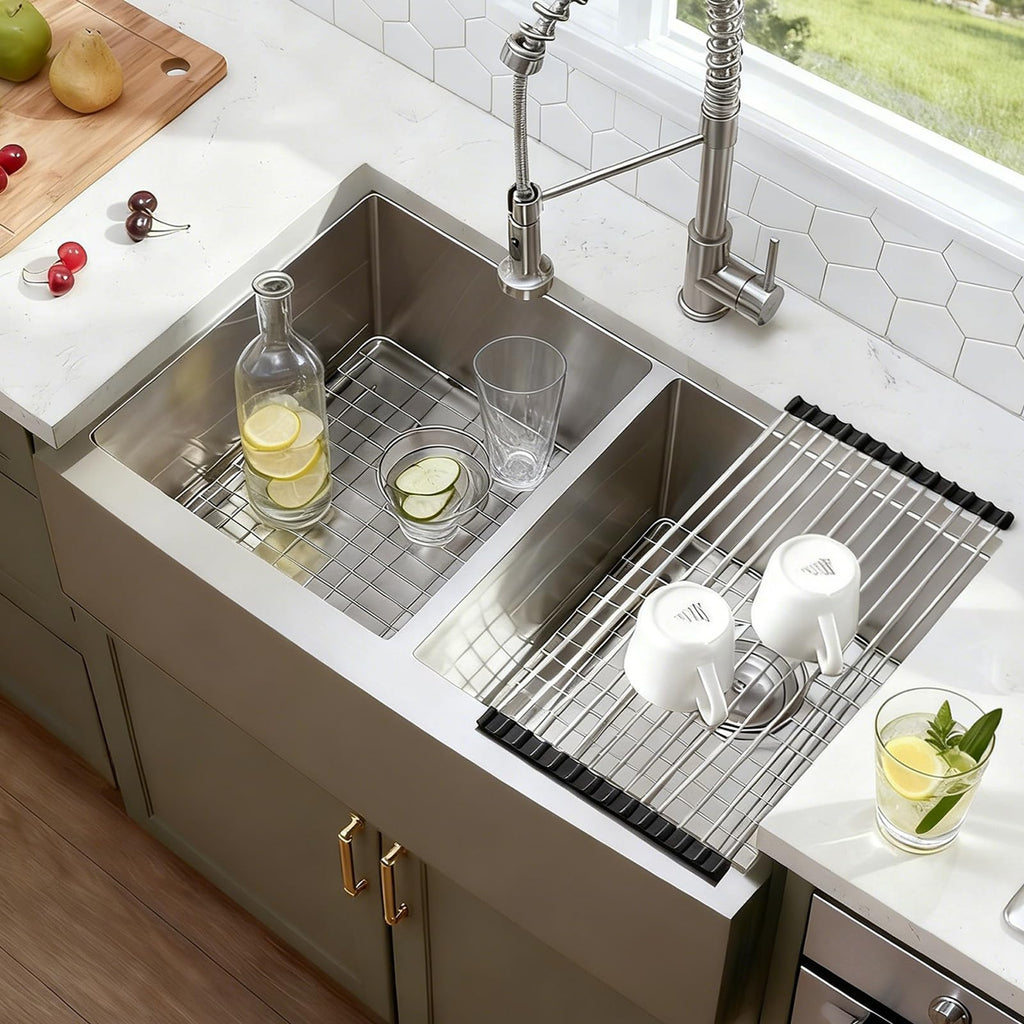 33 Inch Double Bowl Divided 50/50 Farmhouse Sink, 33x21 Stainless Steel Undermount Apron Front Farm Kitchen Sink