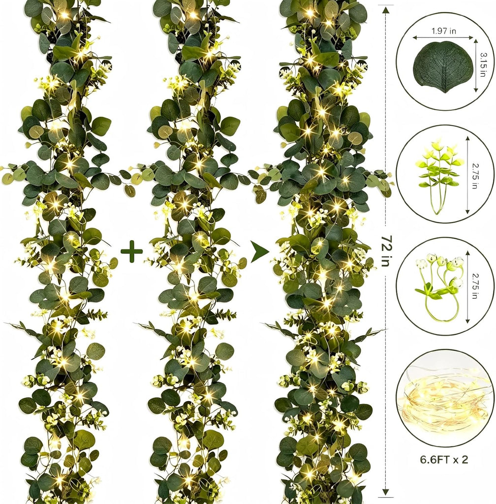 Eucalyptus Garland with Lights, 4 Packs 6FT Artificial Lighted Garland, Spring Summer Green Faux Garlands Outdoor