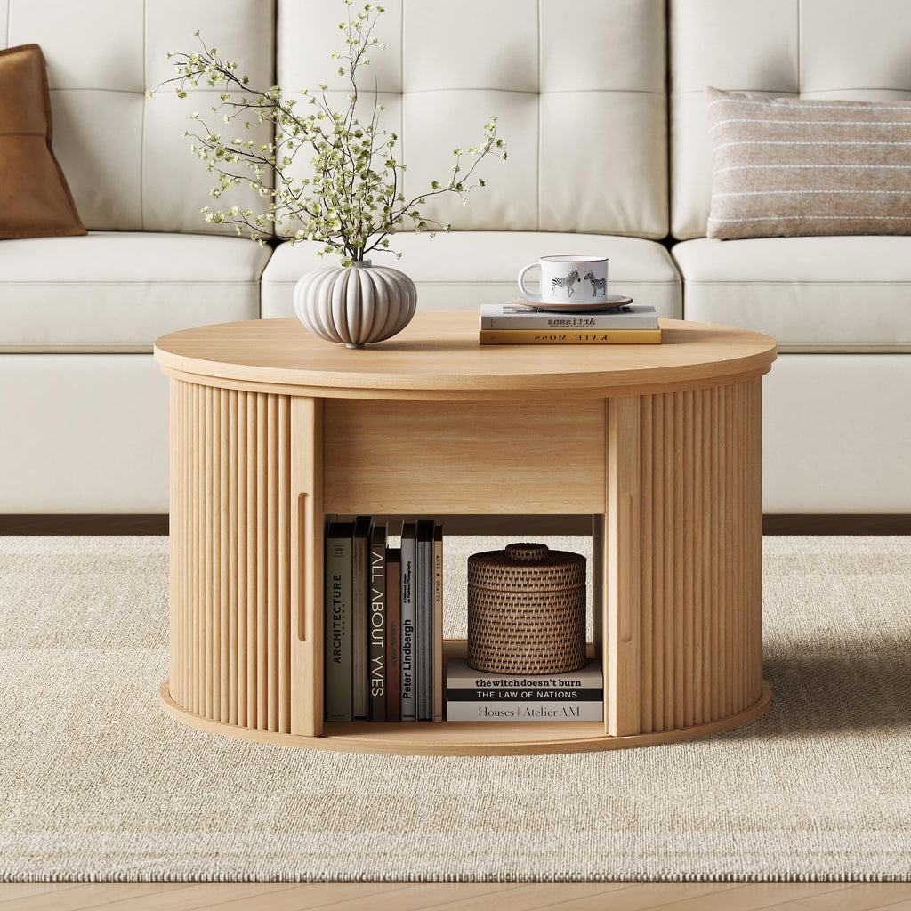 Lift Top Coffee Table, Round Fluted Coffee Table with Storage, Boho Wooden Coffee Tables with Sliding Tambour Door