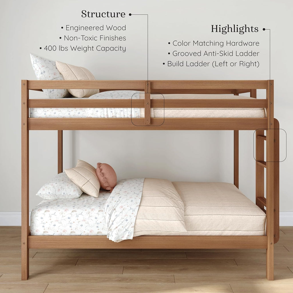 Bear Twin Over Twin Bunk Bed, Sturdy Bunk Bed Frame for Kids, Plywood Bunk with Ladder, Guardrail, and Slats