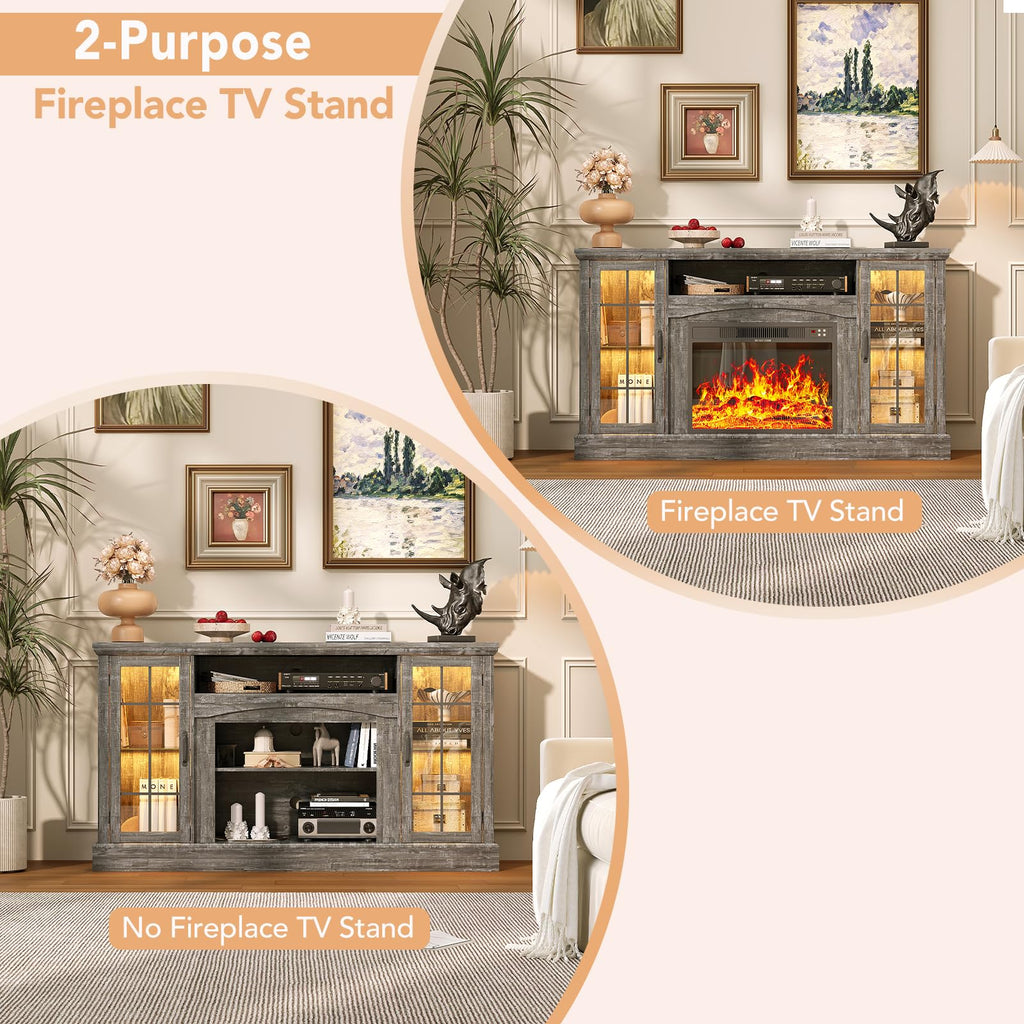 2-in-1 Multifunctional with 23" Removable Electric Fireplace, 58" Farmhouse Entertainment Center, Media Console Table