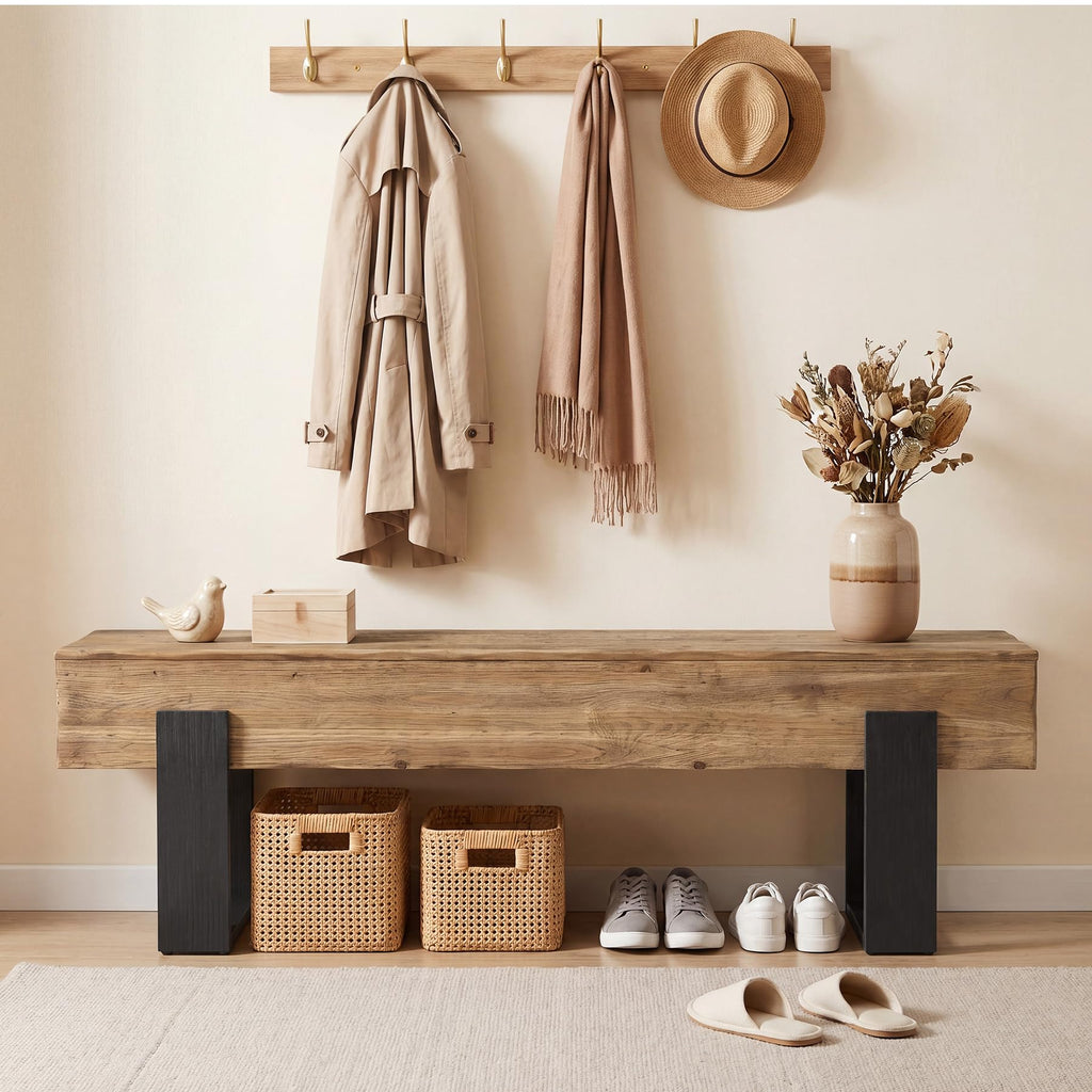 63-Inch Solid Wood Entryway Bench, Farmhouse Indoor Shoe Bench with Thickened Legs, Heavy Duty Wooden End of Bed