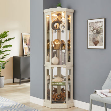 70" Corner Glass Display Cabinet with Adjustable Shelves, for Collectibles, Storage Curio Cabinet with Side-Hung Pane