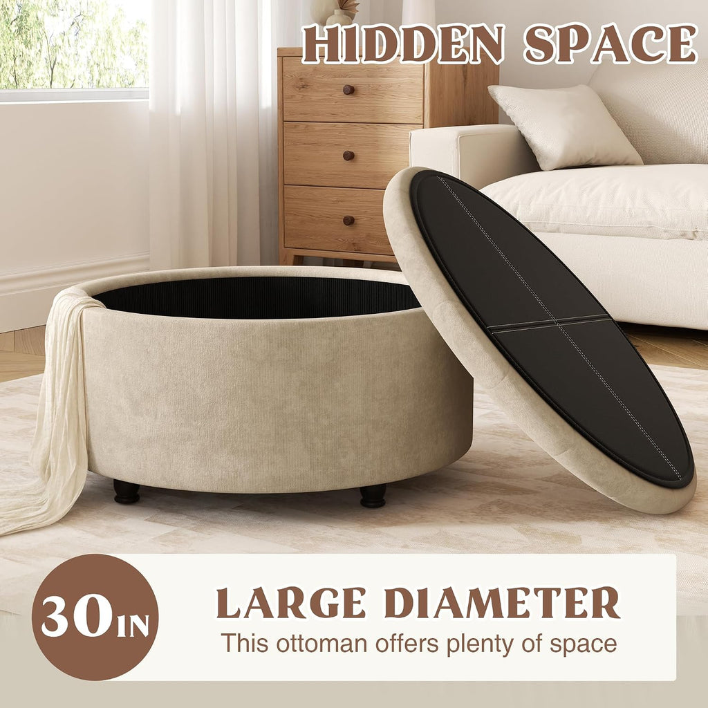 30 Inch Round Storage Ottoman,Modern Tufted Ottomans,Circular Coffee Table with Removable Top,Upholstered Large