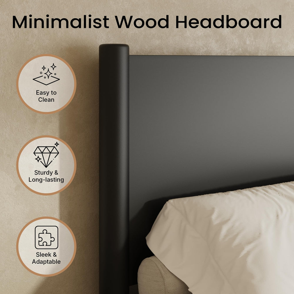King Size Platform Bed Frame with Wood Headboard, Black