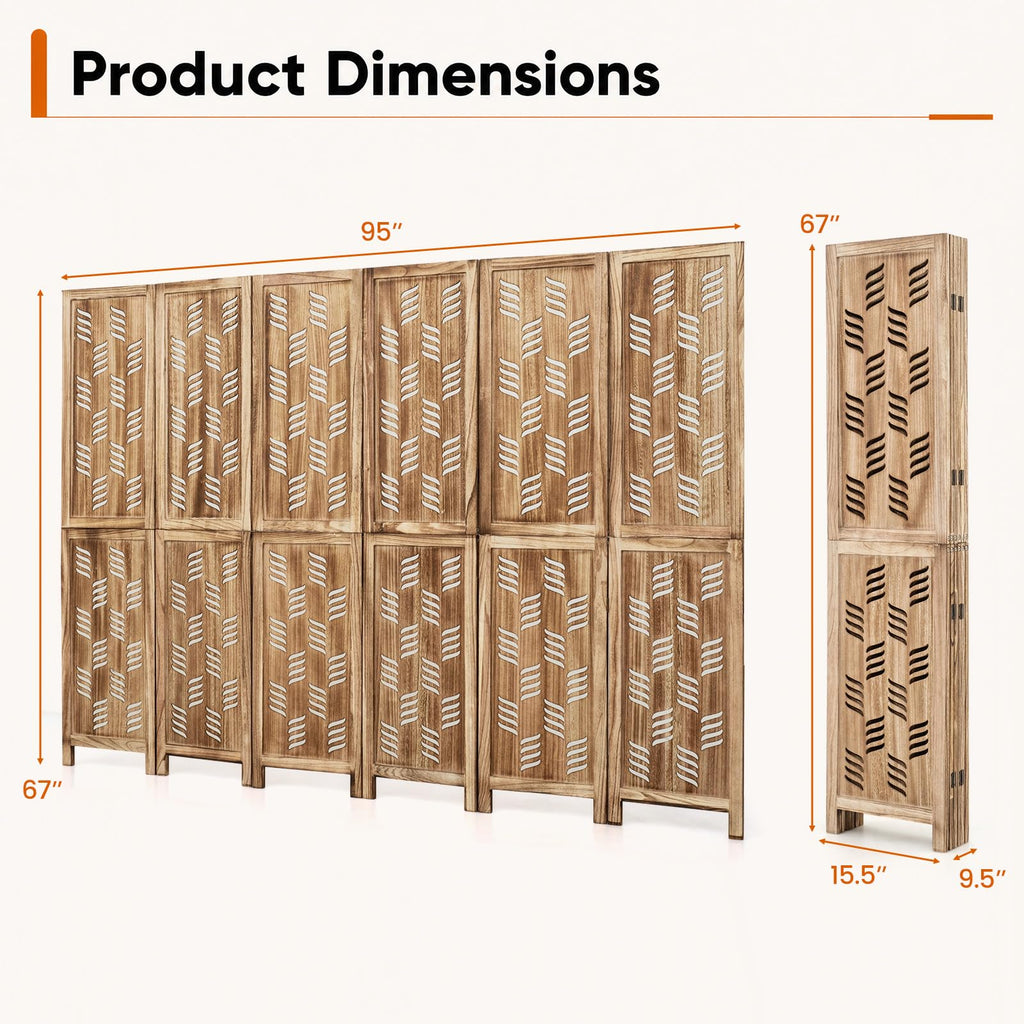 6 Panel Folding Room Divider, Wood Privacy Screen with Wave Cutout