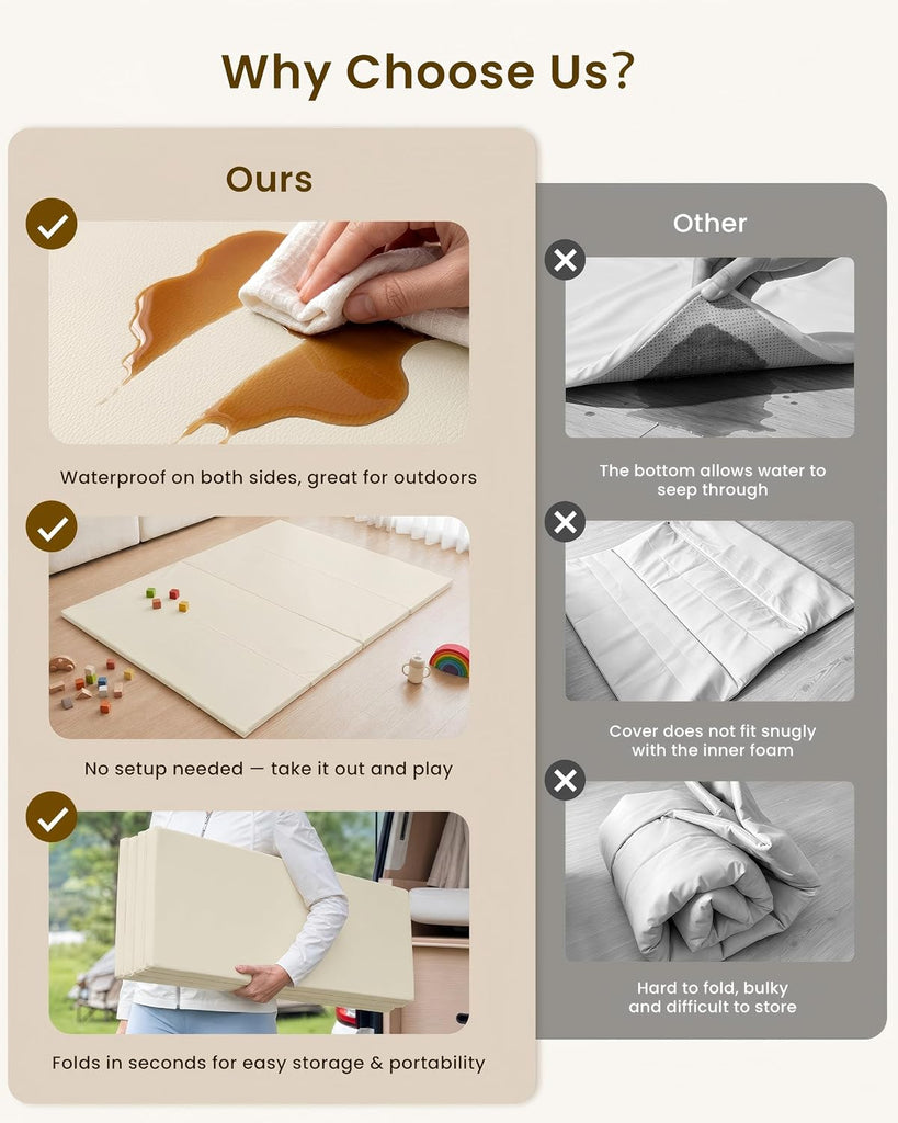 Foldable Baby Play Mat,Vegan Leather 71x59 Baby Mat for Floor,Beige