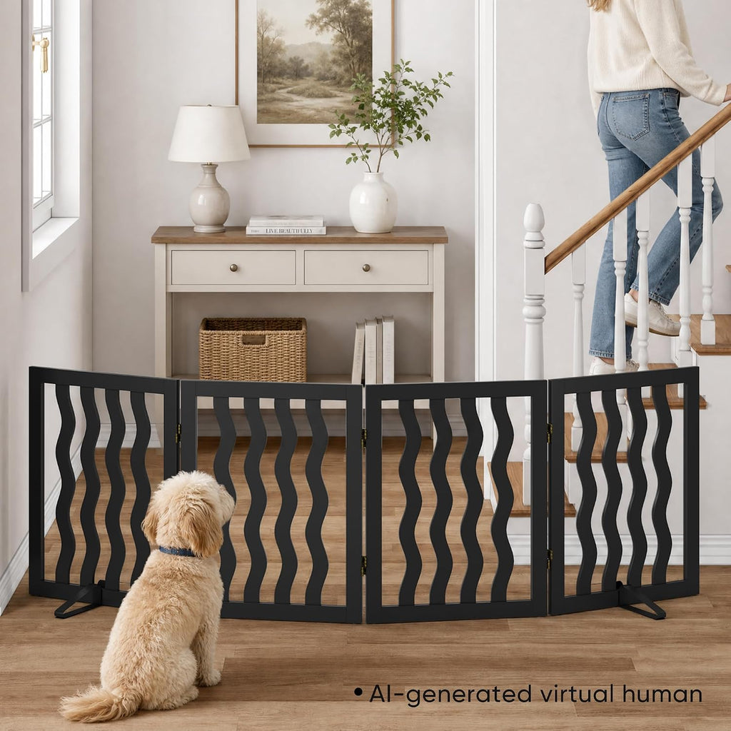 Dog Gate, Wavy Freestanding Dog Gates for Doorways 4 Panels (Black)
