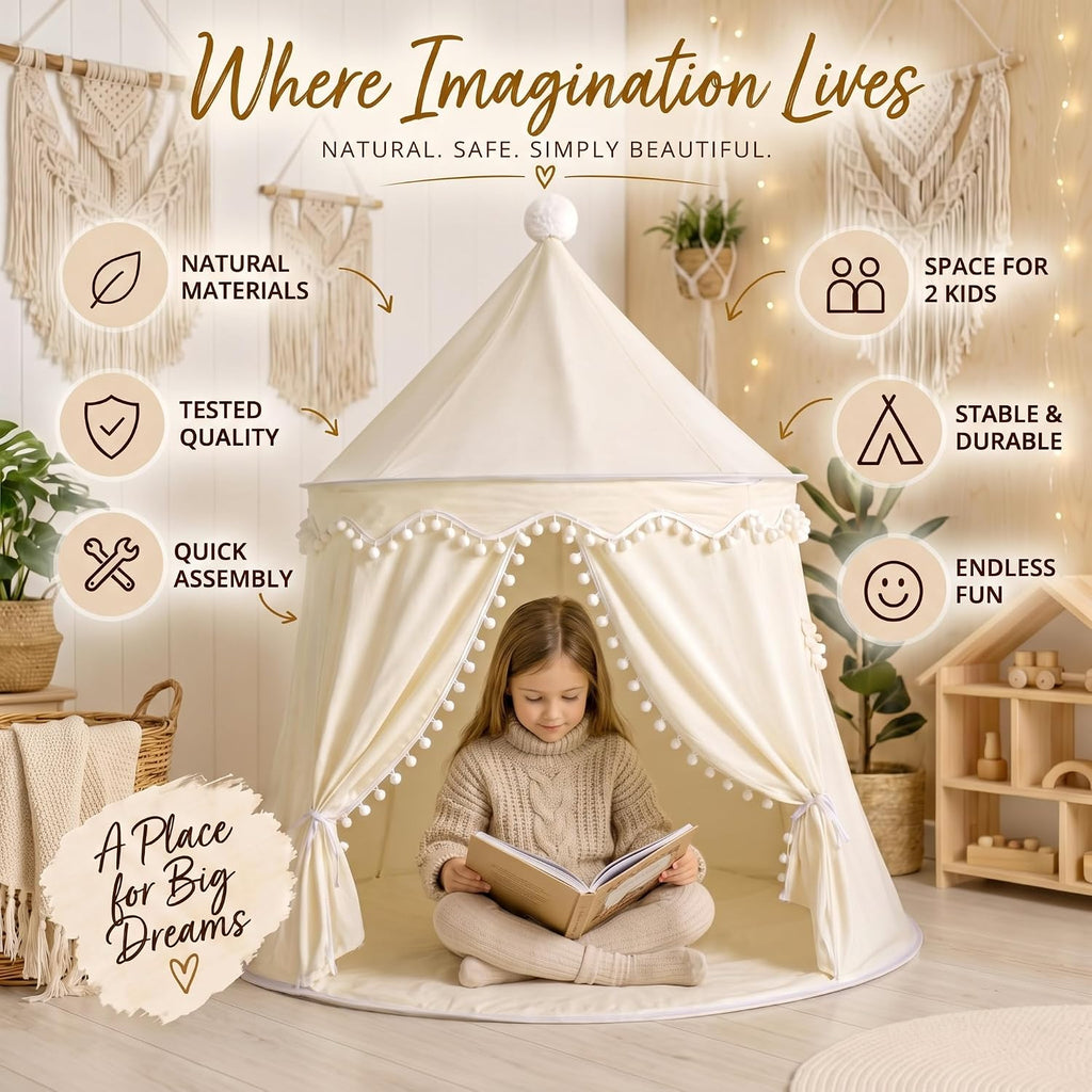 Kids Play Tents, Breathable Cotton & Hemp Playhouse Teepee Tent with Star Lights for Childrens and Toddlers,Suitable